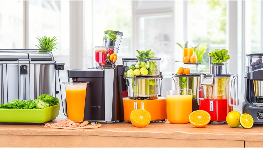 Professzionális juice bár beállítás mindhárom típusú gyümölcsprés működés közben kereskedelmi konyhai környezetben